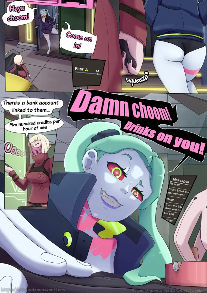 hot robot girls from cyberpunk Edgerunners, the big ass girl rebecca, and busty kiwi in a forniphilia comic